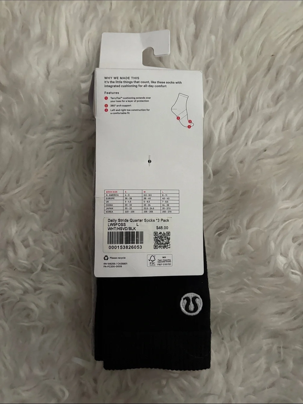 Lululemon Women’s Daily Stride Ribbed Crew Sock *3 pack, Black/Grey/White, Large